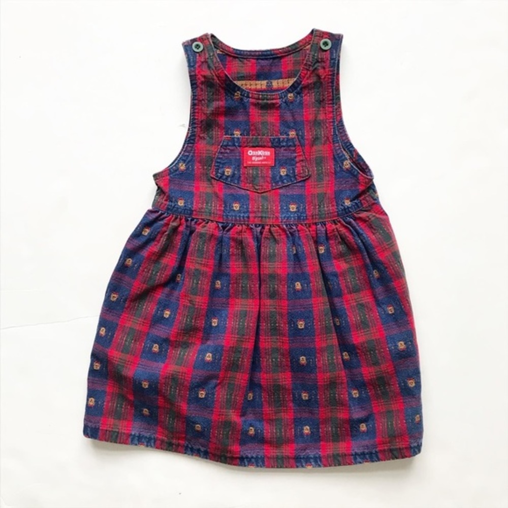 Vintage Oshkosh plaid teddy bear denim  dress 5T
